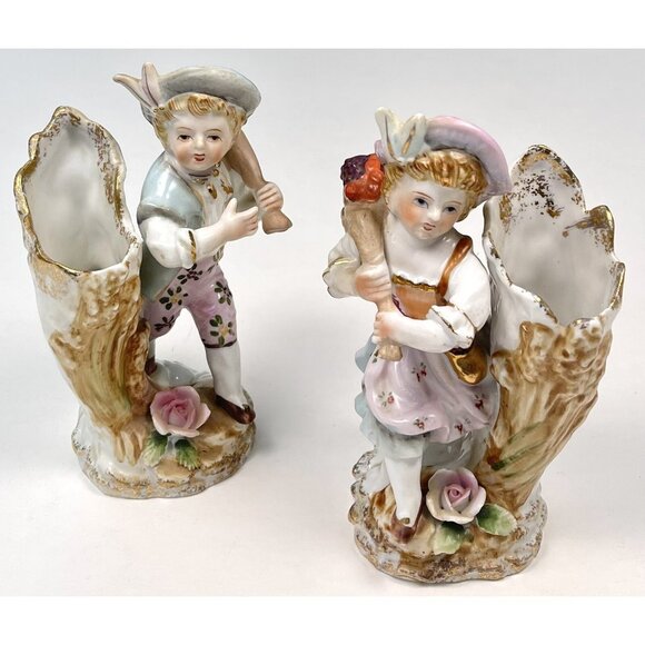 VTG MCM UCAGCO Ceramics Bisque 6" Handpainted Victorian Boy Girl Spill Vases EUC - Picture 1 of 6